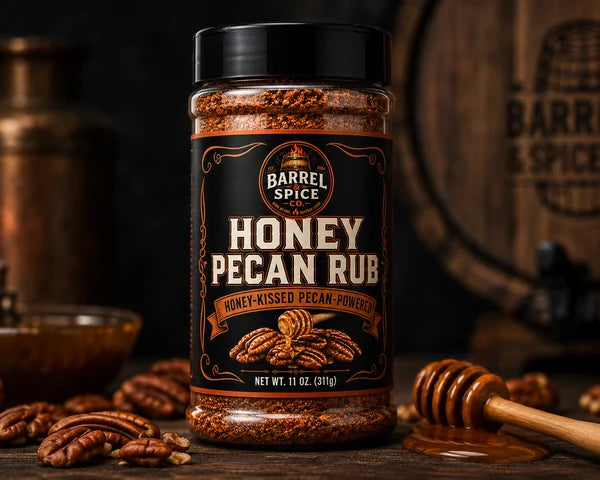 A jar of Barrel Spice Honey Pecan Rub stands on a rustic wooden surface with scattered pecans, a honey dipper, and blurred barrels in the background. The product is a clear plastic jar with a black lid and a black label featuring brown and gold text and imagery.