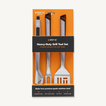 Drip EZ | Heavy Duty Grill Tool Set- Spatula, Fork & Tongs