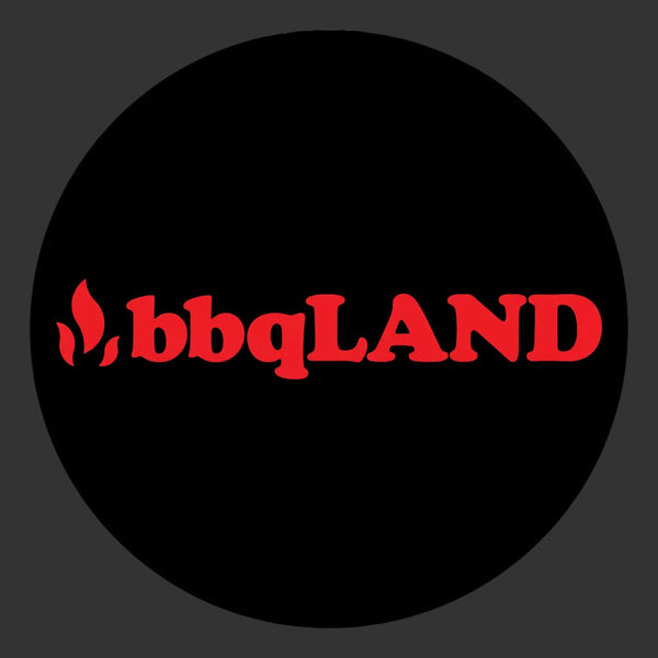 Round logo with 'bbqLAND' text in red on a black background